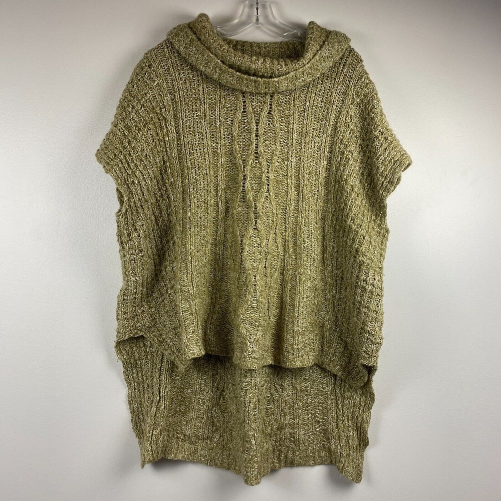 Moth Anthropologie Wool Alpaca Short Sleeve Sweater Green Poncho High Low Sz M/L